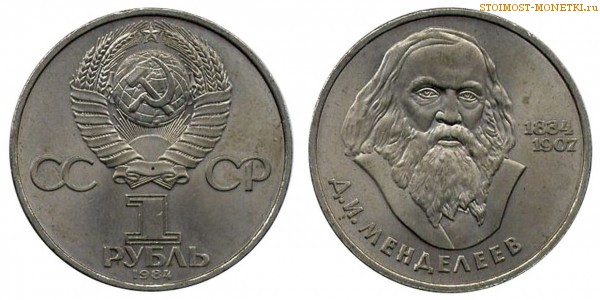 1 рубль 1984 года, юбилейный СССР - 150 лет со дня рождения Д.Менделеева - цена, сколько стоит