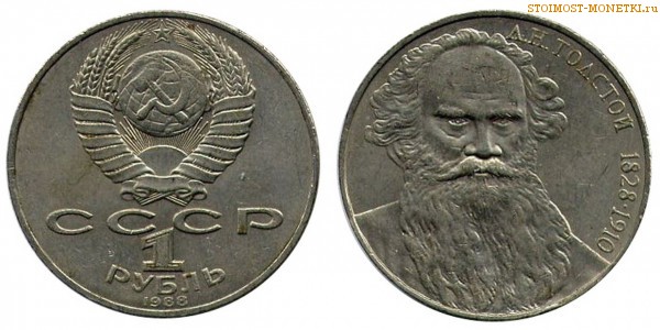 1 рубль 1988 года, юбилейный СССР - 160 лет со дня рождения А.Н.Толстого - цена, сколько стоит