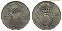 Фото  1 рубль 1984 года, юбилейный СССР — 150 лет со дня рождения Д.Менделеева — цена, сколько стоит